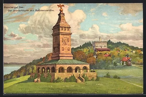 Künstler-AK Starnberg, Starnberger See, Bismarkturm mit Rottmannshöhe 1918