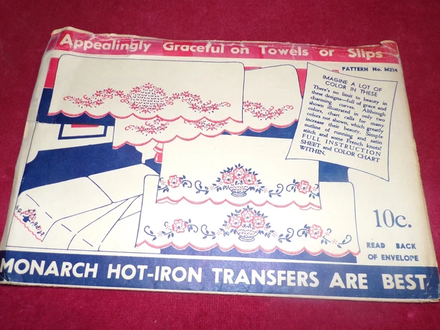🌼 RARE 1940's MONARCH #M214 - BEAUTIFUL FLORAL PILLOW CASE TRANSFER PATTERN  FF