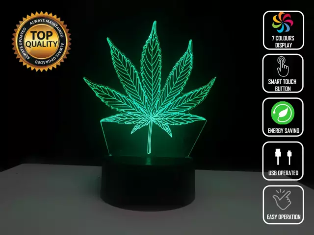 WEED HERB SMOKE 3D Acrylic LED 7 Colour Night Light Touch Table Desk Lamp Gift