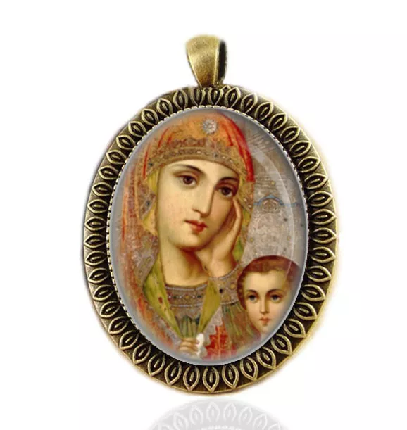 Russian Icon Mother of God Theotokos Large Pendant. Orthodox Virgin Mary Medal
