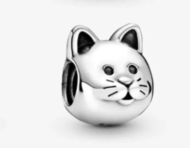 925 Solid Sterling Silver Charm Cat Kitten Bead Euro S925