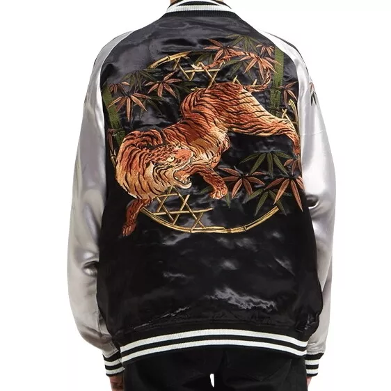 Mens Sukajan Souvenir Jacket REVERSIBLE Japanese Pattern Embroidery Tiger Bamboo