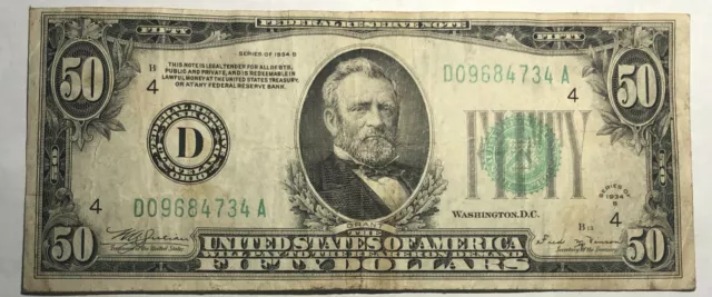1934B green seal $50 bill. Federal Reserve Note, D Cleveland. Fine. FR-2104D #12