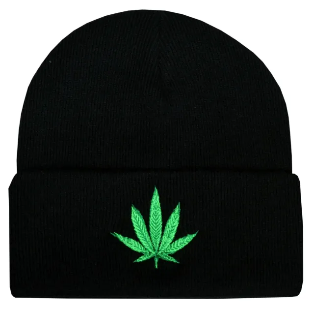 90's Marijuana Beanie Hat Warm Winter Embroidered Mary Jane Weed Plant Leaf