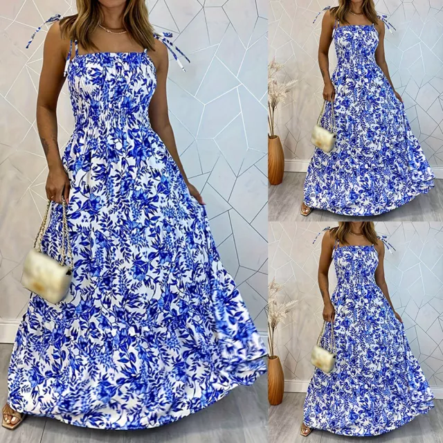 Women Sexy Floral Strappy Dress Ladies Boho Summer Holiday Beach Maxi Sundress