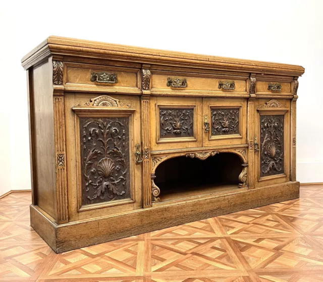 Rare Victorian Arts & Crafts Oak Carved Sideboard With Drawers Cupboards