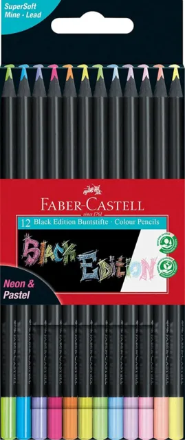 Faber-Castell 116410 - Buntstifte Black Edition, Neon + Pastell Farben, 12er Etu