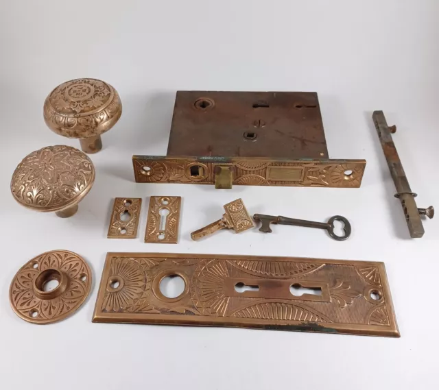 Antique M.W Co Eastlake Entry Mortise Lock #906 Set, Knobs, Escutcheons Rosettes