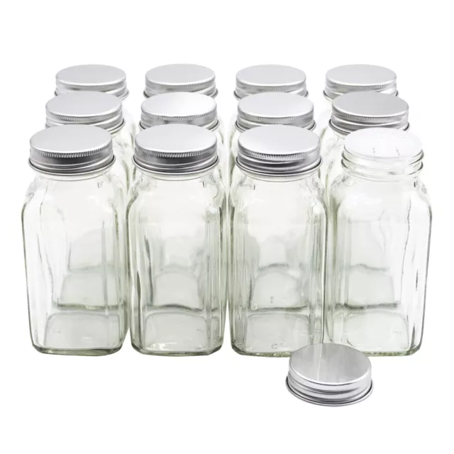 12 pieces of French Square Glass Spice Bottles 6 oz Spice Jars with Silver Me