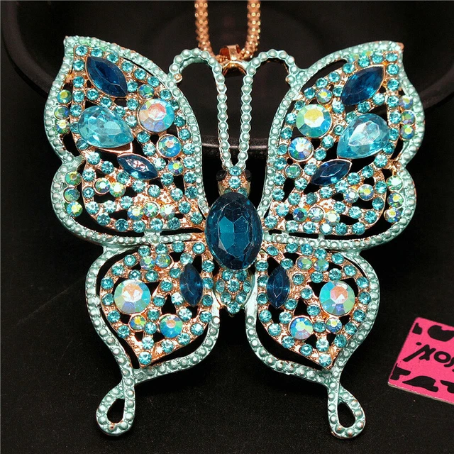 Betsey Johnson Cute Rhinestone Blue Butterfly Crystal Pendant Chain Necklace