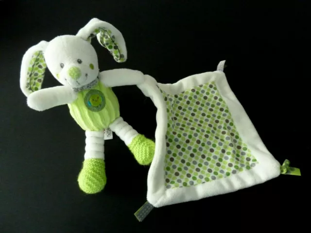 *. Doudou Peluche Nicotoy Lapin Blanc Vert Gris Pois Mouchoir Exc. Etat