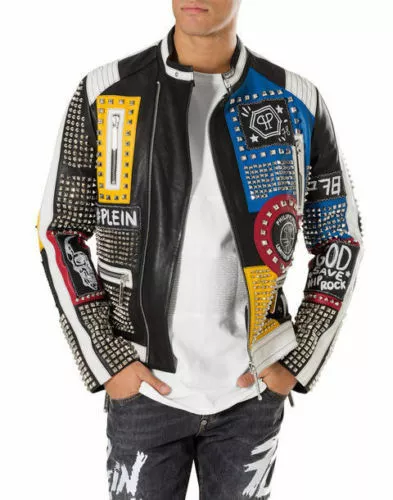New Philipp Plein Multicolor Full Studded Embroidery Patches Mens Leather Jacket