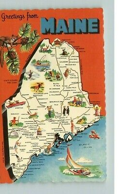 Maine Pine Tree State Graphic Attractions map Postcard