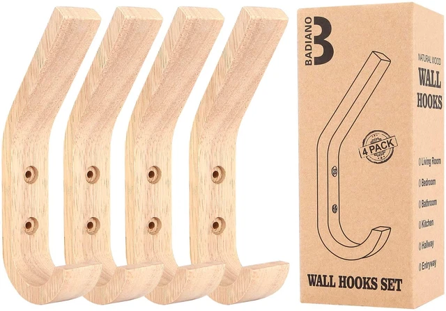 Pack of 4 Wooden Wall Hooks, Decorative Natural Wood Coat Hanger, Mounted Towel