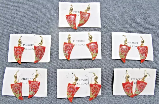 Vintage painted flowers red enamel goldtone metal dangle 7 hook earrings lot