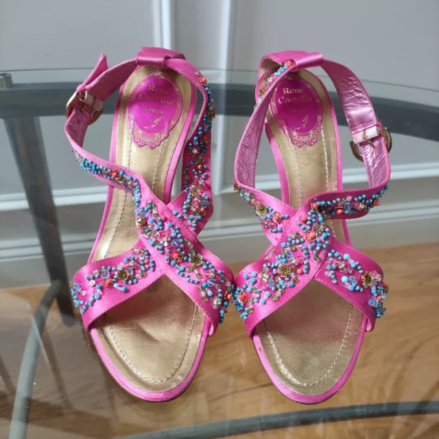 Rene Caovilla Pink Satin Embellished Beaded Slingback Sandals women's 37