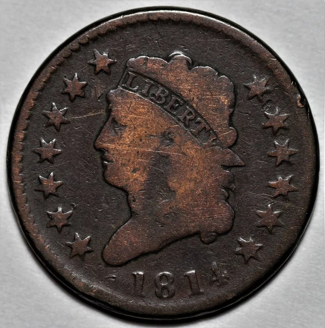 1814 Classic Head Large Cent - Crosslet 4 - US 1c Copper Penny Coin - L44