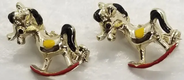 Set of 2 Miniature Rocking Horse Red & Yellow Silver Tone Brooch