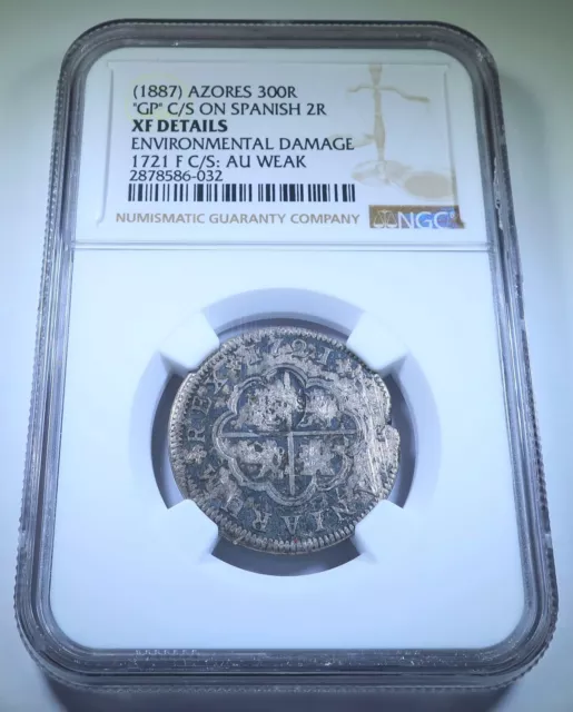 NGC XF Azores 300 Reis Countermark 1721 Spanish Silver 2 Reales Antique Coin