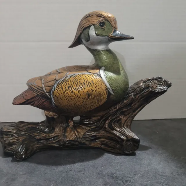 Vintage Hand Painted Wood Duck On Log Figurine
