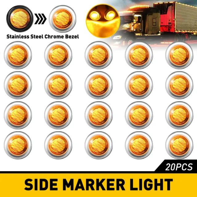 20X Side Marker lights Round Bullet 3/4"LED Truck Trailer Amber 12V Chrome Bezel
