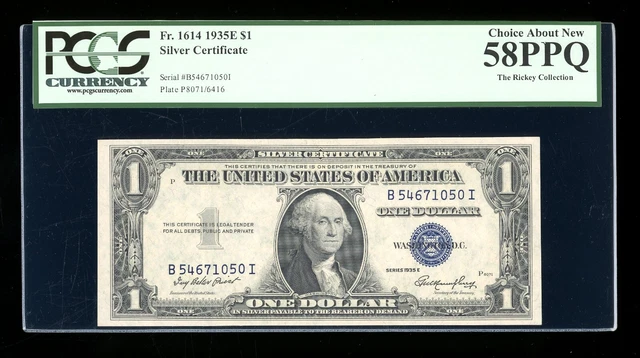 DBR 1935-E $1 Silver Fr. 1614 BI Block PCGS 58 PPQ Serial B54671050I