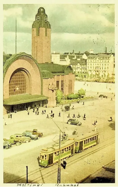 FINLAND 1946 RAILWAY STATION HELSINKI POST WWII PPC 2v RED CROSS TO SWITZERLAND