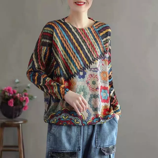 Donna Arcobaleno Floreale Maglia Maglione Pullover Girocollo Manica Lunga Larga