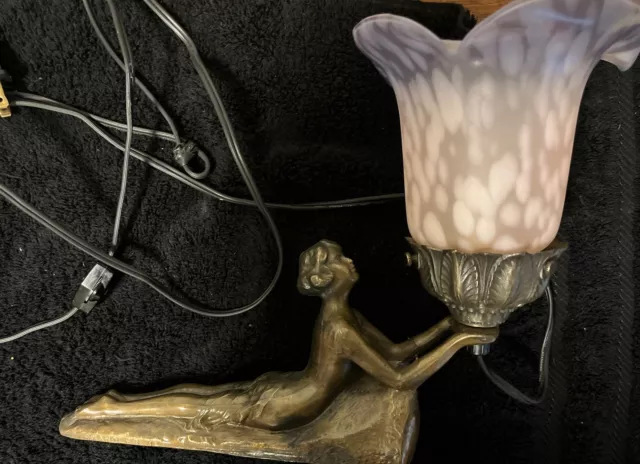 Chandler Antique Art Deco Lamp Lady Nude Laying Down Table Lamp Bronze Glass
