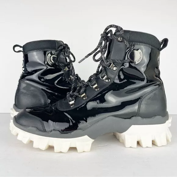 Moncler Helis Stivale Black Patent Leather Lace Up Hiking Combat Lug Boots