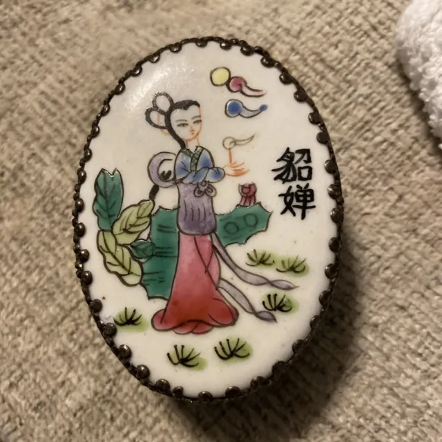Vintage Asian Porcelain Hand-Painted Artwork Silver Plated Trinket Pill Coin Box