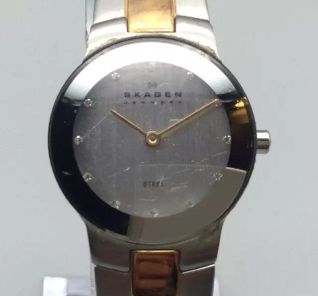 Skagen Steel Slim Watch Women 25mm Gold Silver Tone New Battery 6.25"