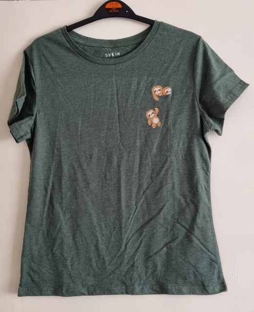 Womens Sloth In Pocket, Green T Shirt. Size M