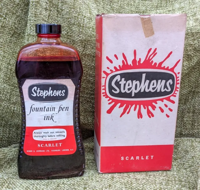 Rare Vintage Stephens Fountain Pen Ink Scarlet Large Bottle in Box 40 oz