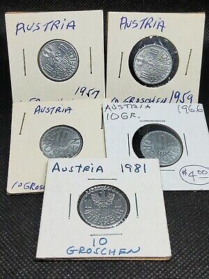 Coins Austria lot of 5 coins 10 Groschen 1957, 1959, 1964, 1966, 1981 KM# 2878
