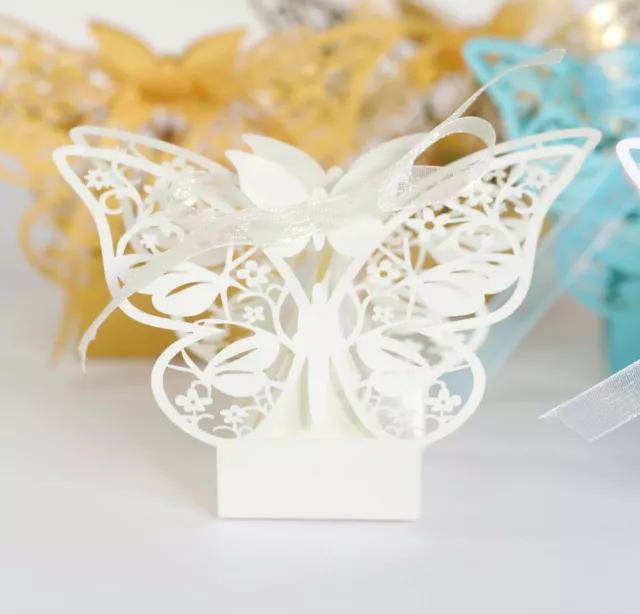 Large 100/200x Butterfly Laser Cut Wedding Party Favour Candy Gift Boxes Ribbons 2