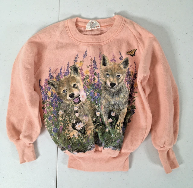Vtg 70s 80s Infant Childrens Tiny Sweatshirt Cotton Wolves Floral 2T Harlequin