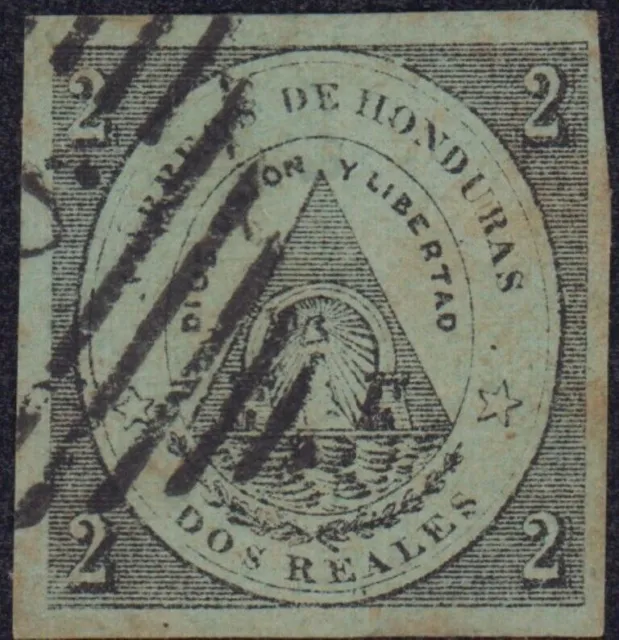 HONDURAS 1865 SC# 1 2r BLOCK AUF GRÜN SCHÖNER STORNIERUNG