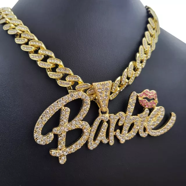 Women Gold Plated Bling Barbie Charm & Iced Cubic Zirconia Cuban Chain Necklace