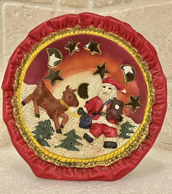 Vintage Holiday Tea Light Ceramic Candle Holder Christmas Santa & Reindeer