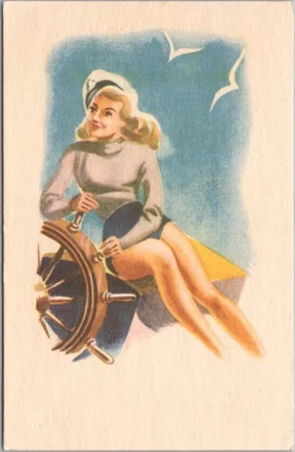 Vintage FINLAND Pretty Lady Postcard Girl in Nautical Cap / Ship's Wheel / 1945