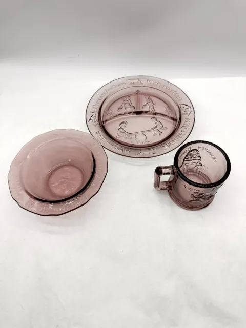3 Vintage Tiara Glass Nursery Rhyme Plate Bowl & Cup Amethyst Blind Mice Humpty