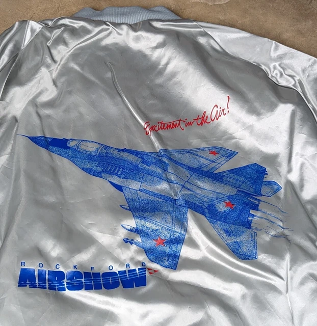VINTAGE FIGHTER JET Rockford Air Show Satin Bomber Jacket Large 50.00