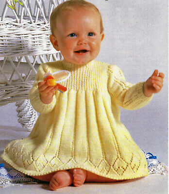 Baby ragazze grazioso abito a maniche lunghe PICOT BORDO Knitting Pattern 4ply 18 - 20"