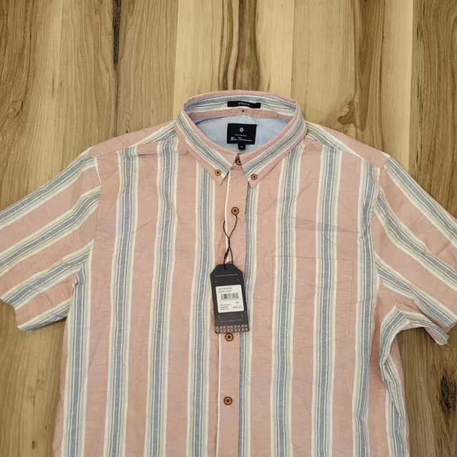 BEN SHERMAN SHIRT Mens Medium Pink Stripe Short Sleeve Button Up Cotton ...