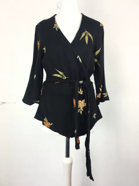 Zara Small 8/10 Black Wrap Top Tie Waist Floral Zoom WFH Flattering 3/4 Sleeve