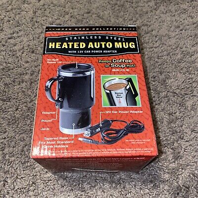 Stainless Steel Heated Auto Mug Coffee Soup Warmer & 12v Car Power Adapter NEW!
