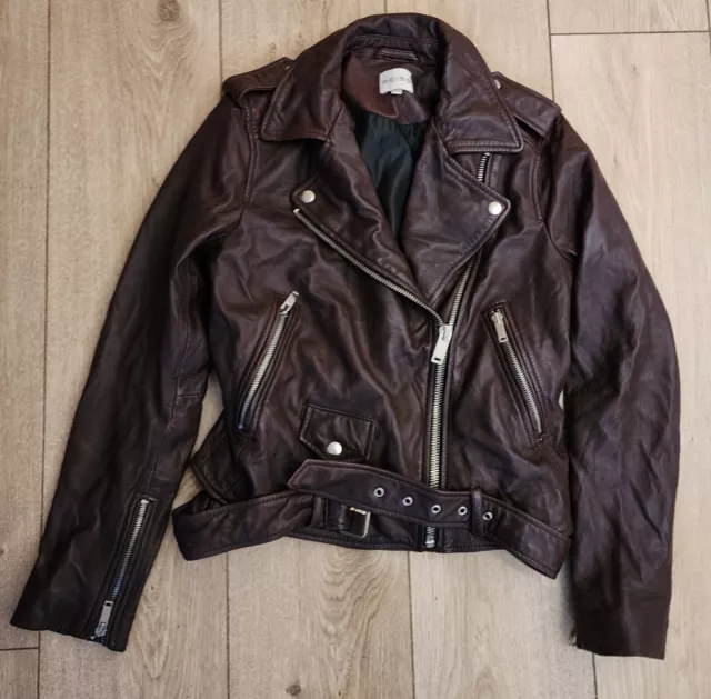 REISS Leather Jacket Womens UK 10 Brown Lamb Zip Biker Mod