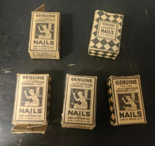 5 Vintage Boxes of Genuine Nails - Chas Baker & Co - Cardboard Boxes w/ Nails
