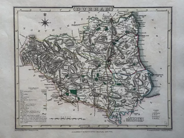 1805 Durham Original antike handfarbige Grafschaftkarte von Cole & Roper